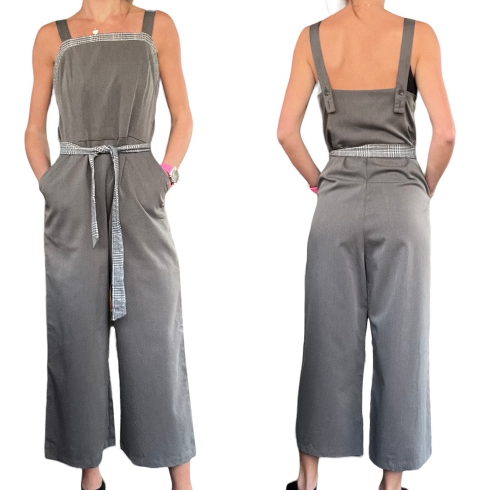 Hem & Thread Womens Medium Gray Wide Leg Tweed Trim Button Tank Cropped Jumpsuit